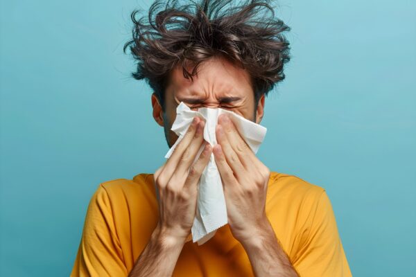 Young man with messy hair experiencing allergies while blowing his nose against a blue background